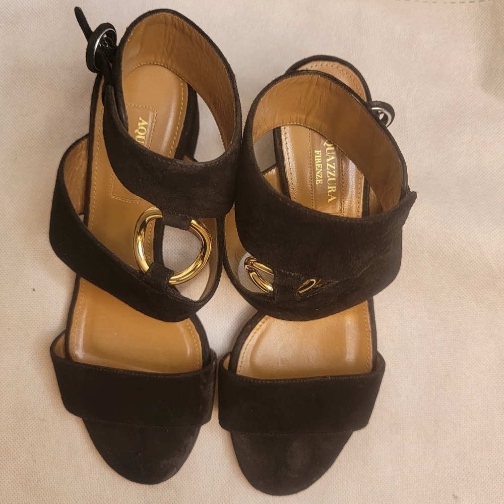 AQUAZZURA CAMEL SUEDE SAFARI LEATHER GOLD RING MID HEEL ANKLE STRAP  SANDALS - Picture 2 of 16